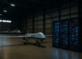  Interior de un hangar industrial con drones en tierra y racks de servidores iluminados simbolizando defensa y tecnología