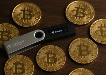  Un hardware wallet Ledger sobre mesa de madera rodeado de monedas físicas de Bitcoin