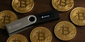  Un hardware wallet Ledger sobre mesa de madera rodeado de monedas físicas de Bitcoin