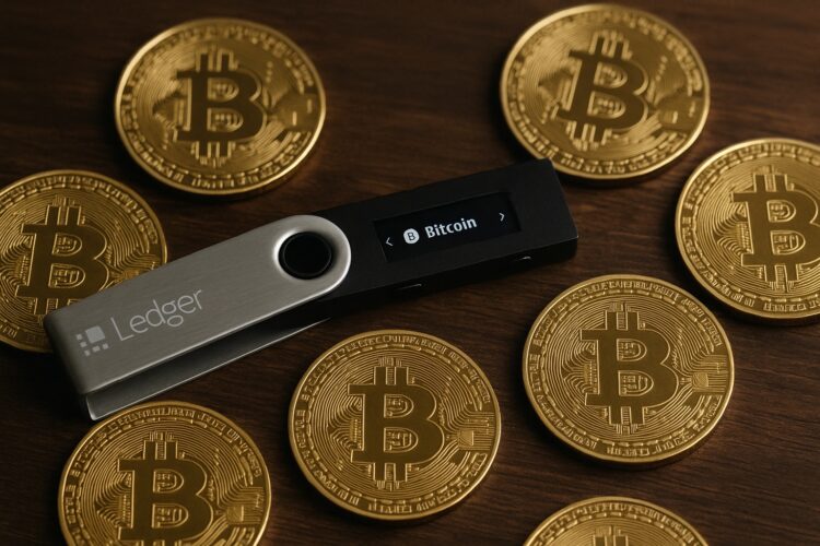  Un hardware wallet Ledger sobre mesa de madera rodeado de monedas físicas de Bitcoin
