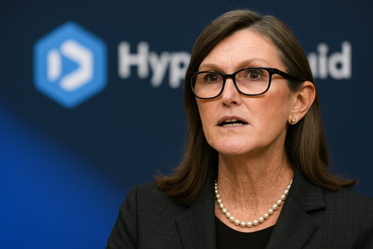 Cathie Wood en conferencia con el logo de Hyperliquid proyectado en segundo plano.