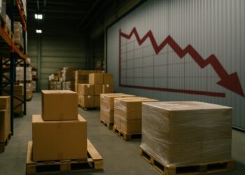 Almacén mayorista con cajas y sombra de gráfico, simbolizando la inflación moderada en agosto.