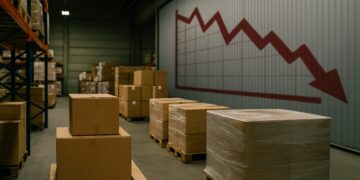 Almacén mayorista con cajas y sombra de gráfico, simbolizando la inflación moderada en agosto.