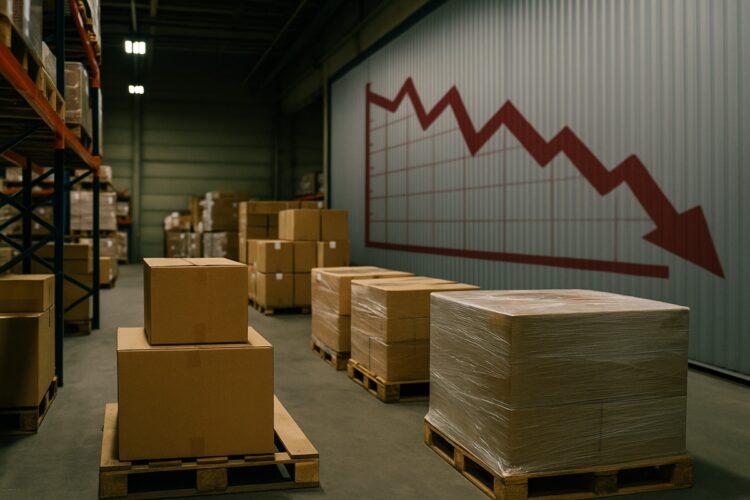 Almacén mayorista con cajas y sombra de gráfico, simbolizando la inflación moderada en agosto.