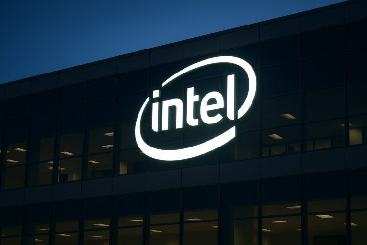 Edificio corporativo de Intel con logotipo iluminado en la fachada en un plano amplio