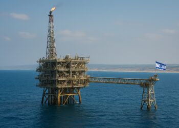 Plataforma marítima de chevron de gas natural en el Mediterráneo con bandera de Israel y costa al fondo