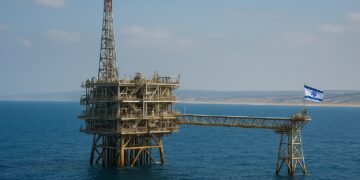 Plataforma marítima de chevron de gas natural en el Mediterráneo con bandera de Israel y costa al fondo