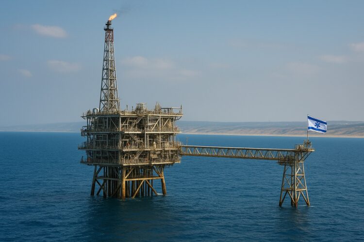 Plataforma marítima de chevron de gas natural en el Mediterráneo con bandera de Israel y costa al fondo