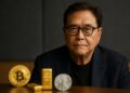 Robert Kiyosaki en retrato editorial acompañado de monedas de Bitcoin, oro y plata en primer plano.