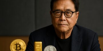 Robert Kiyosaki en retrato editorial acompañado de monedas de Bitcoin, oro y plata en primer plano.