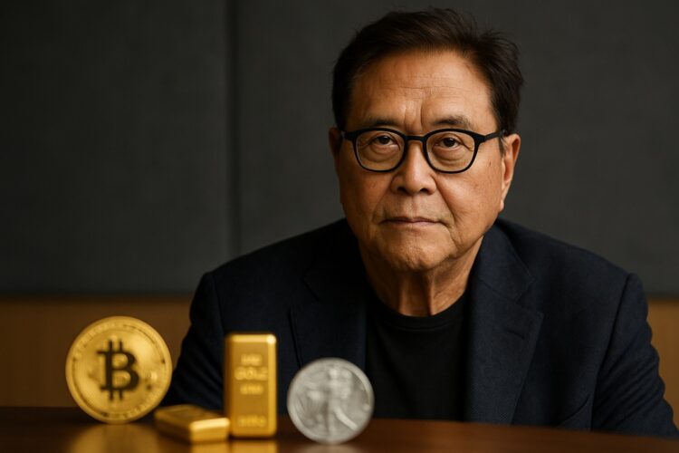 Robert Kiyosaki en retrato editorial acompañado de monedas de Bitcoin, oro y plata en primer plano.