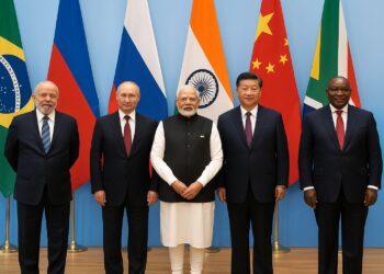  Los cinco líderes de BRICS posan en una cumbre internacional con las banderas de sus países detrás