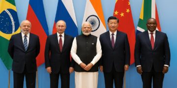  Los cinco líderes de BRICS posan en una cumbre internacional con las banderas de sus países detrás
