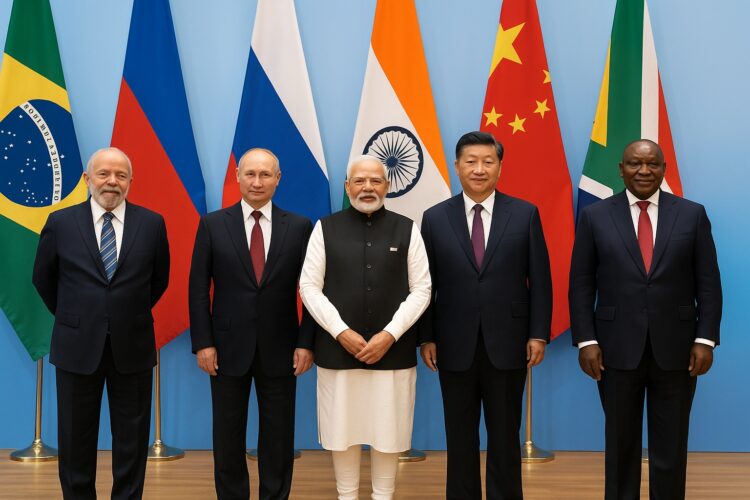  Los cinco líderes de BRICS posan en una cumbre internacional con las banderas de sus países detrás