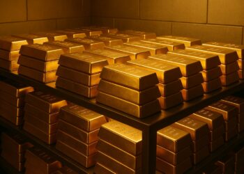 Lingotes de oro apilados ordenadamente en cámara de seguridad con luz cálida