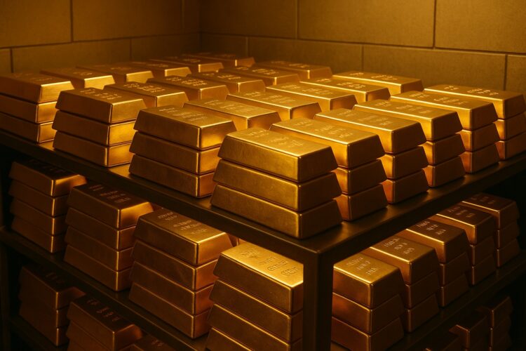 Lingotes de oro apilados ordenadamente en cámara de seguridad con luz cálida
