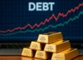 Lingotes de oro apilados sobre una mesa de inversionista con gráficos de deuda proyectados en pantalla