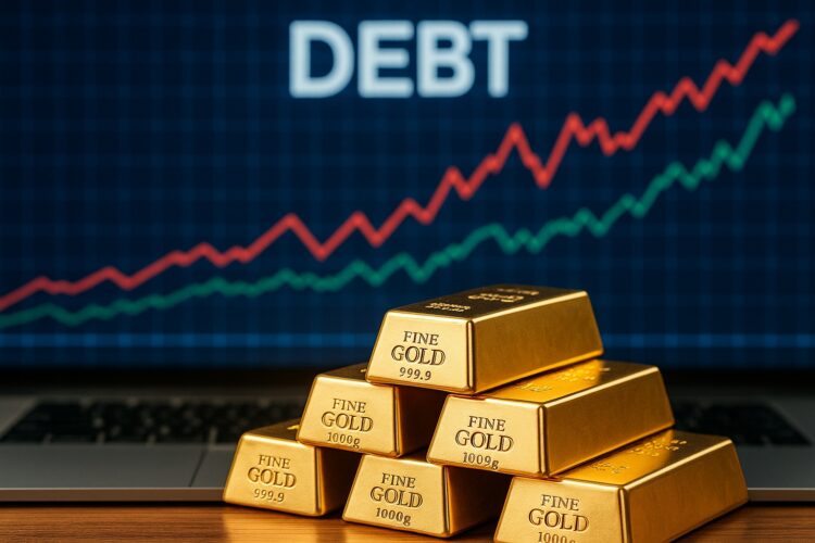 Lingotes de oro apilados sobre una mesa de inversionista con gráficos de deuda proyectados en pantalla
