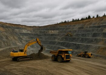 Excavadora y camiones trabajando en mina de oro a cielo abierto en Canadá con terrazas de roca