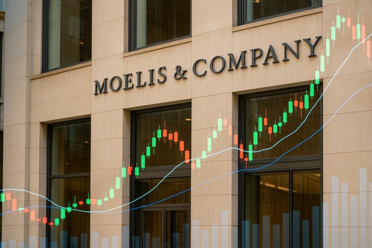 Fachada del edificio de Moelis & Company con velas y líneas de gráficos financieros superpuestos