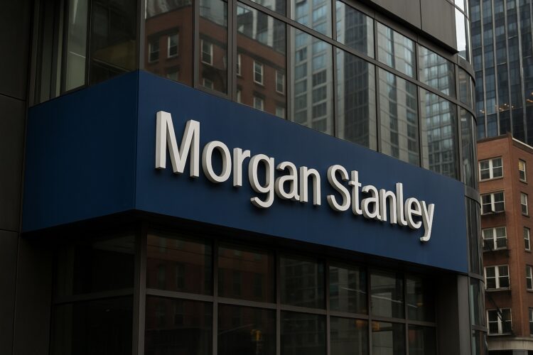 Vista frontal del edificio de Morgan Stanley en Nueva York con logo visible en su fachada de vidrio y acero