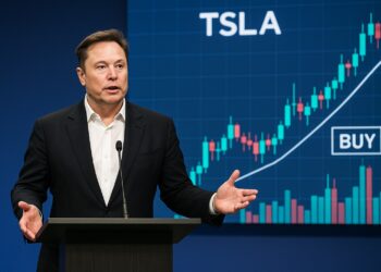 Elon Musk en atril durante rueda de prensa con gráfico de velas TSLA y anotaciones de compra al fondo
