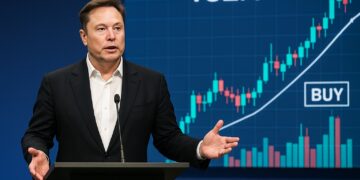Elon Musk en atril durante rueda de prensa con gráfico de velas TSLA y anotaciones de compra al fondo