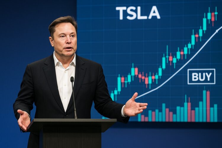 Elon Musk en atril durante rueda de prensa con gráfico de velas TSLA y anotaciones de compra al fondo