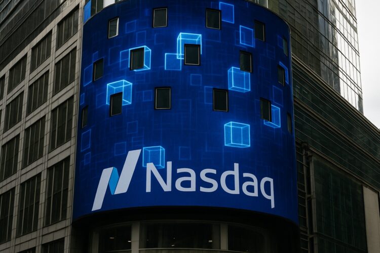 Edificio de Nasdaq en Nueva York con elementos visuales de blockchain que simbolizan acciones tokenizadas.