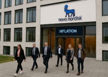 Empleados saliendo de las oficinas de Novo Nordisk en Dinamarca, simbolizando reestructuración corporativa