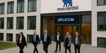 Empleados saliendo de las oficinas de Novo Nordisk en Dinamarca, simbolizando reestructuración corporativa