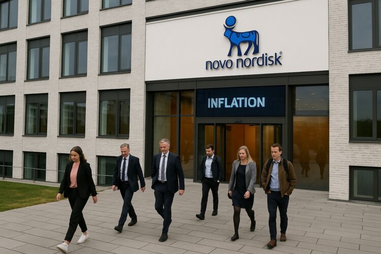 Empleados saliendo de las oficinas de Novo Nordisk en Dinamarca, simbolizando reestructuración corporativa