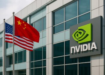 Edificio de Nvidia en Asia con banderas de China y Estados Unidos ondeando en un entorno corporativo
