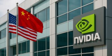 Edificio de Nvidia en Asia con banderas de China y Estados Unidos ondeando en un entorno corporativo