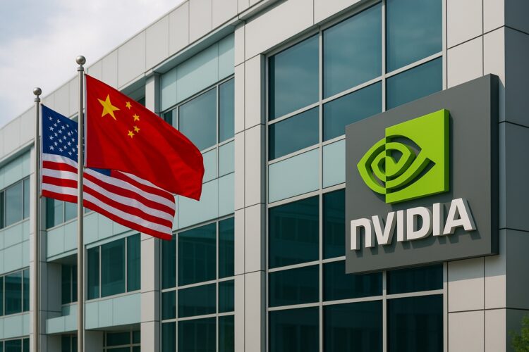 Edificio de Nvidia en Asia con banderas de China y Estados Unidos ondeando en un entorno corporativo