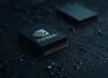 Chip de Nvidia en primer plano sobre placa base, reflejando la competencia en el mercado de IA.
