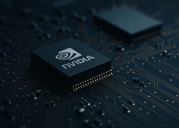 Chip de Nvidia en primer plano sobre placa base, reflejando la competencia en el mercado de IA.