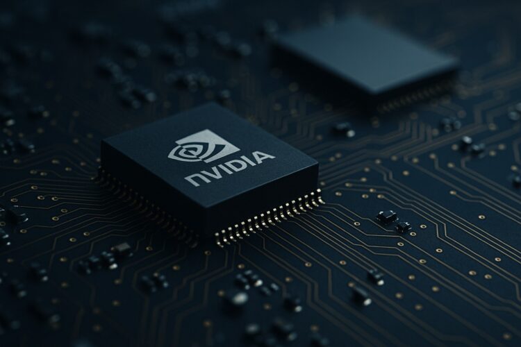 Chip de Nvidia en primer plano sobre placa base, reflejando la competencia en el mercado de IA.