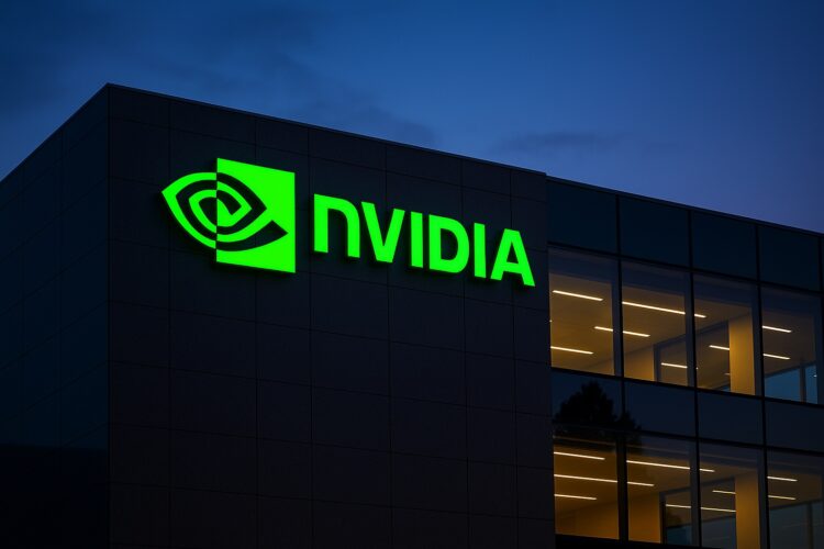 Edificio corporativo de Nvidia al anochecer con logotipo verde iluminado en la fachada