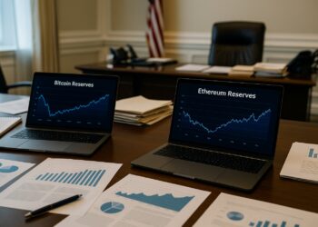 Escritorio con laptops e informes comparando reservas de Bitcoin y Ethereum en oficina gubernamental