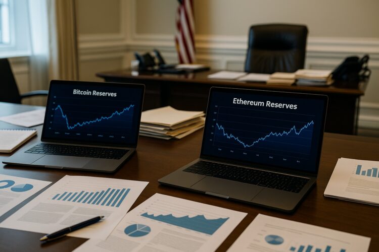 Escritorio con laptops e informes comparando reservas de Bitcoin y Ethereum en oficina gubernamental
