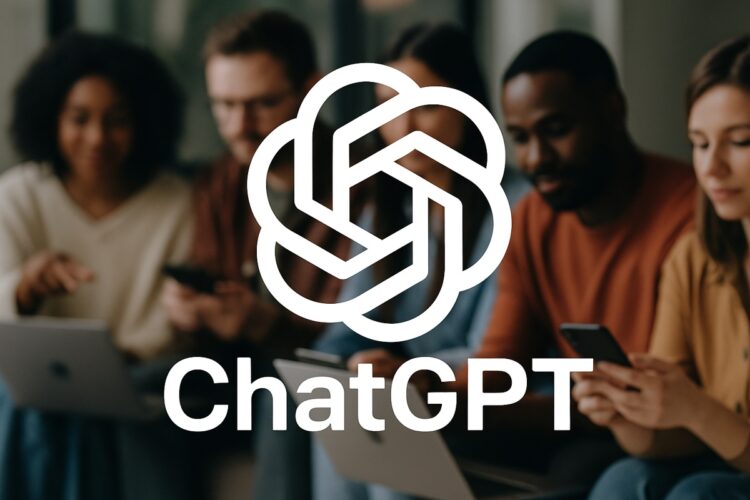 Logo de ChatGPT en primer plano con un grupo de personas trabajando en segundo plano desenfocado.