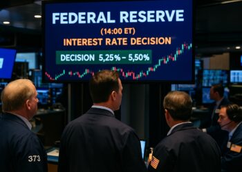 Operadores de bolsa en sala de negociación observan pantallas con decisión de tasas de la Reserva Federal