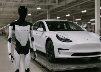 Robot humanoide Optimus de Tesla al lado de un auto eléctrico blanco en fábrica moderna