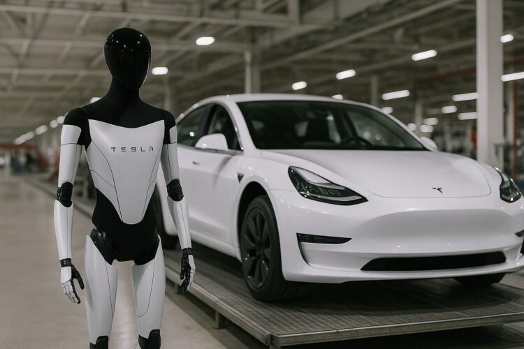 Robot humanoide Optimus de Tesla al lado de un auto eléctrico blanco en fábrica moderna