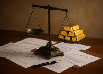 Lingotes de oro en una báscula antigua sobre documentos financieros en una mesa de madera.