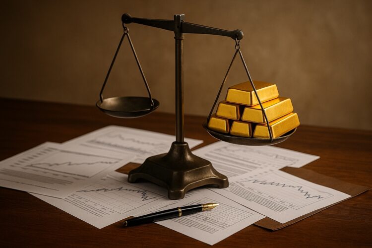 Lingotes de oro en una báscula antigua sobre documentos financieros en una mesa de madera.