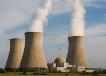 Vista horizontal de una planta nuclear en operación con tres torres de enfriamiento emitiendo vapor