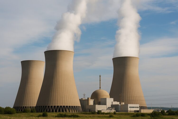 Vista horizontal de una planta nuclear en operación con tres torres de enfriamiento emitiendo vapor