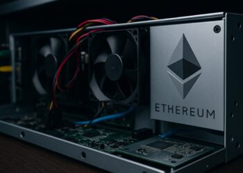 Servidor abierto con hardware y logotipo de Ethereum en panel metálico, reflejando enfoque en privacidad.